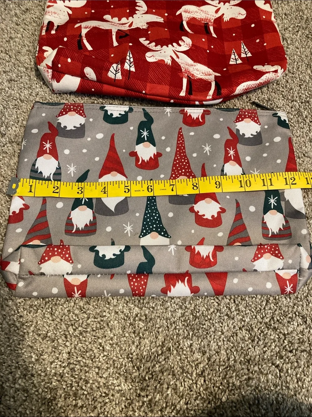 Thirtyone Holiday Moose & Gnome Canvas Zip large Pouches - Red & Gray